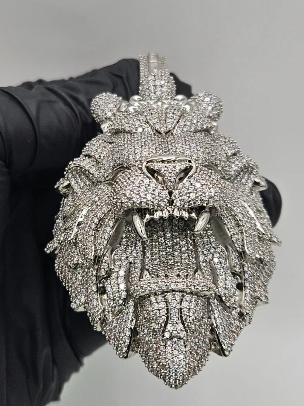 18K White Gold Filled AAA CZ Roaring Lion Pendant